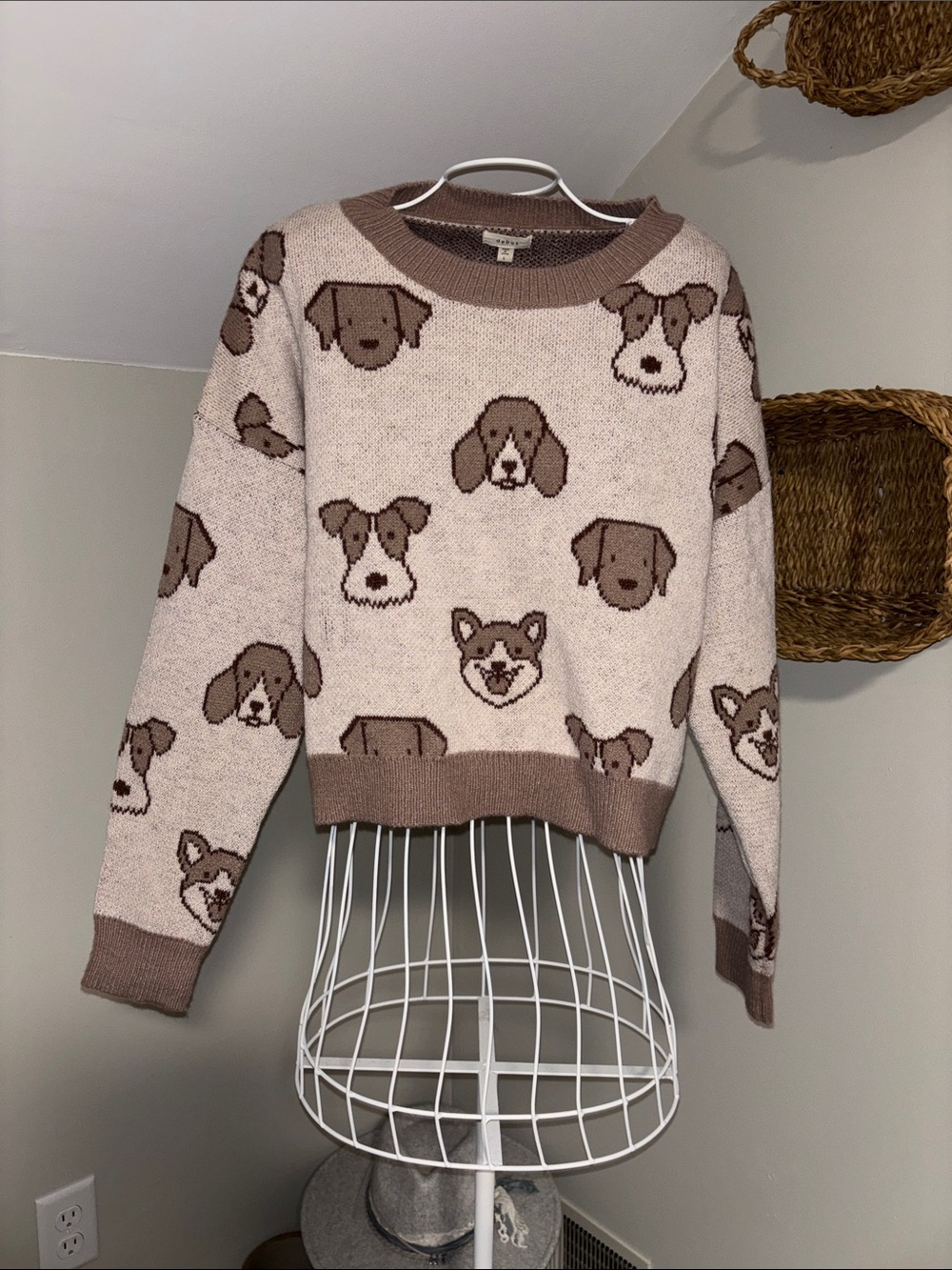 debut Taupe & Beige Dog Motif Crewneck Sweater